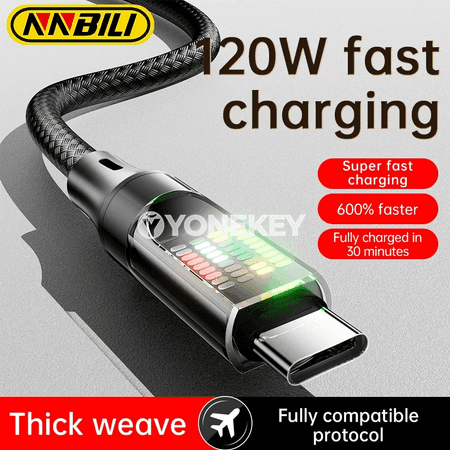 NNBILI 120W USB-A/Type-C çalt zarýad kabeli, LED displeýli, 6A