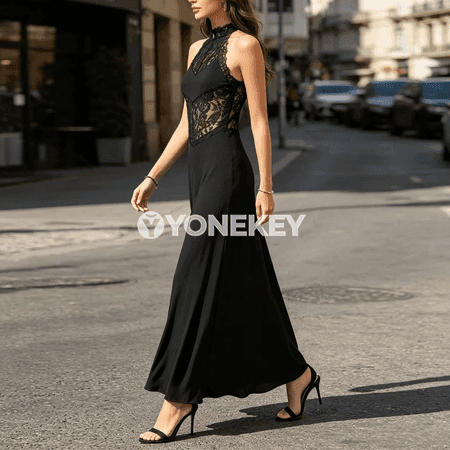 Zenanlar üçin ýeňsiz, dantelli slim fit ýazlyk oturylyşyk köýnegi