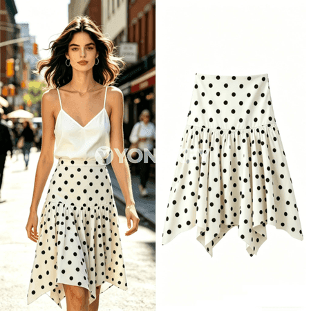Zenanlar üçin ak-gara nokatly midi ýubka, moda, A-line