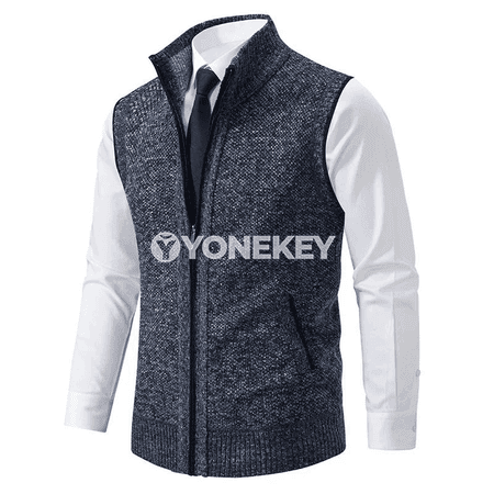 Erkekler üçin örülen ýeňsiz ýyly köýnekçe, fermuarly, goýy boýunly