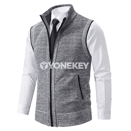 Erkekler üçin örülen ýeňsiz ýyly köýnekçe, fermuarly, goýy boýunly