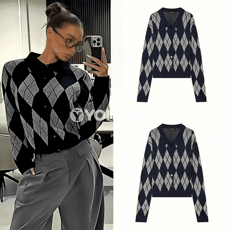Zenanlar üçin giň kesimli ýazky-gyşly kletkaly pulower