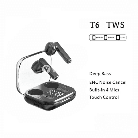 TWS T6 simsiz Bluetooth naýşnikler, LED görkeziji, mikrofonly