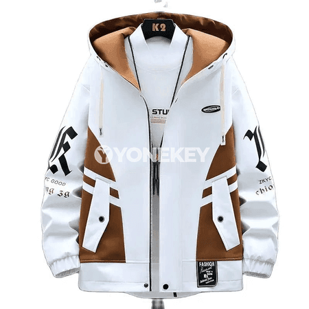 Erkekler üçin kapýuşonly ýeňil jacket — güýz ýaz, nagyşly, ululykly