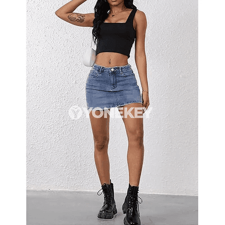 Zenanlar üçin ýaz tomus denim ýubka, ýokary belli mini model