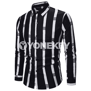 Erkekler üçin niýetlenen dik zolakly we uzyn ýeňli moda köýnek.
