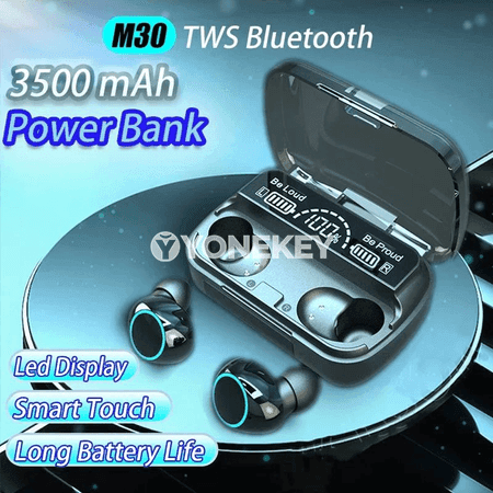 M30 TWS Bluetooth gulaklyklar, su geçirmeýän, mikrofonly, ses basyşy azaldyşly