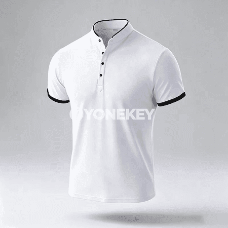 Erkekler üçin minimal stend ýakaly gysga ýeňli polo köýnek