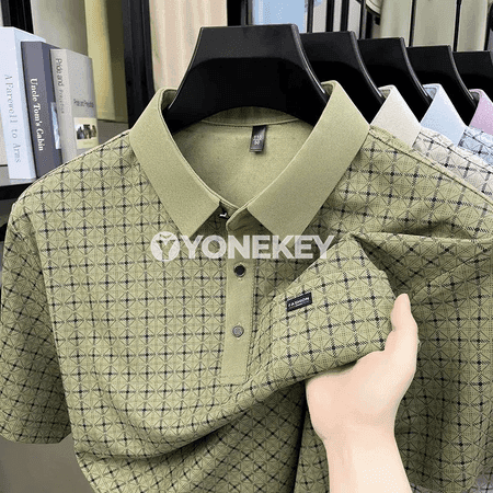 Erkekler üçin gysga ýeňli jacquard polo köýnek, ýeňil we rahat