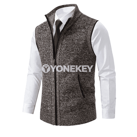 Erkekler üçin örülen ýeňsiz ýyly köýnekçe, fermuarly, goýy boýunly