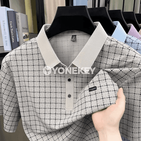 Erkekler üçin gysga ýeňli jacquard polo köýnek, ýeňil we rahat
