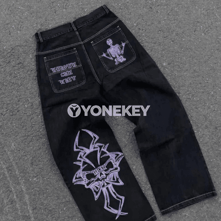 Erkekler üçin grafiti ýazgyly giň jeans balak, gündelik stil