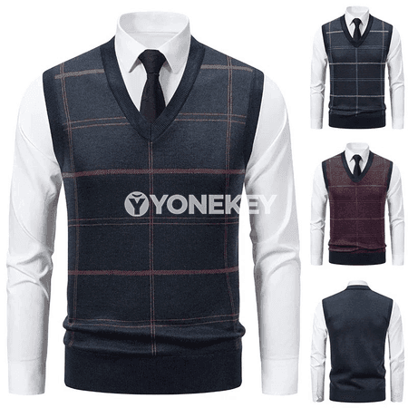 Erkekler üçin V boýunly örme switer, güýz-gyş üçin ýyly ýeňsiz top