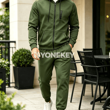 Erkekler üçin kapýuşonly sport kostýumy, zipli, ýeňil ýyly