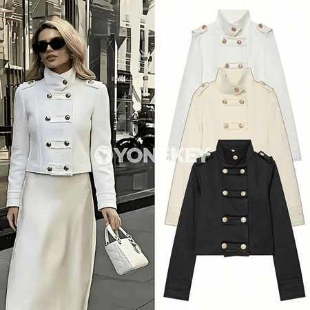 Zenanlar üçin öňi iki düwmeli dik ýakaly döwrebap blazer