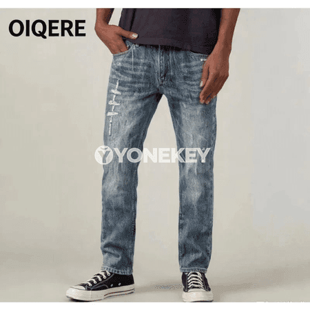 Erkekler üçin ýokary belli giň kesimli rahat jeans jalbar
