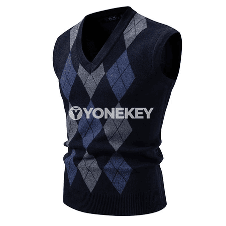 Erkekler üçin V boýun ýeňsiz argyle trikotaž switer-jilet