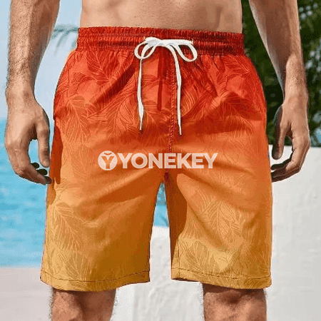 Erkekler üçin reňkli gradient plýaž şorty, giň kesimli tomus şortik
