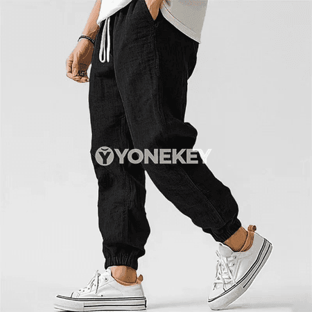 Koreý görnüşli erkek linen balaklary, rahat giň model, ýaz güýz üçin