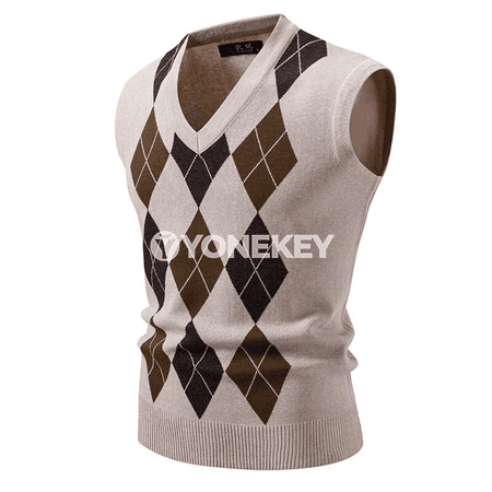 Erkekler üçin V boýun ýeňsiz argyle trikotaž switer-jilet