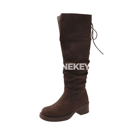 Zenanlar üçin zamşly dyzboý boots, tegelek burunly, pes ökjeli