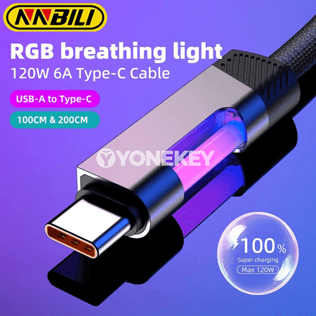 NNBILI RGB LED USB-C to USB-C çalt zarýad kabeli, 120W
