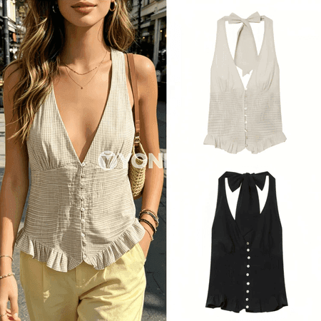 Zenanlar üçin zolakly halter boýun top, ýaz-tomus, slim fit