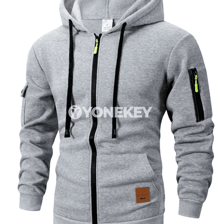 Erkekler üçin ýyly kapýuşonly fermuarly sport sweatshirt, dürli reňkli