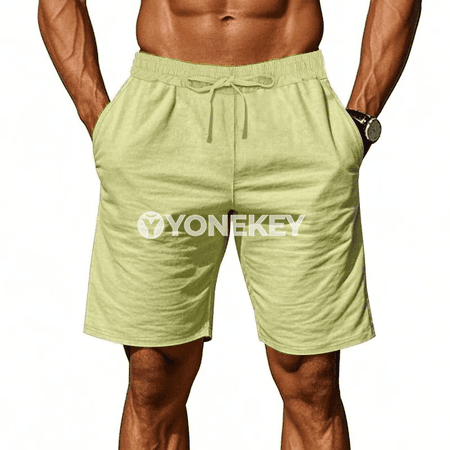 Erkekler üçin ýeňil tomus şorty, pambyk-lyýnli sport modeli