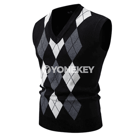 Erkekler üçin V boýun ýeňsiz argyle trikotaž switer-jilet