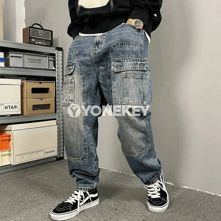 Erkekler üçin giň kelleli retro jeans, göni kesim, şäher stili