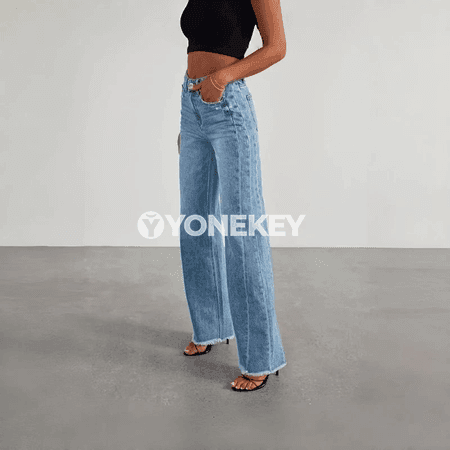 Aýal-gyzlar üçin giň gök jeans, giň balakly rahat denim