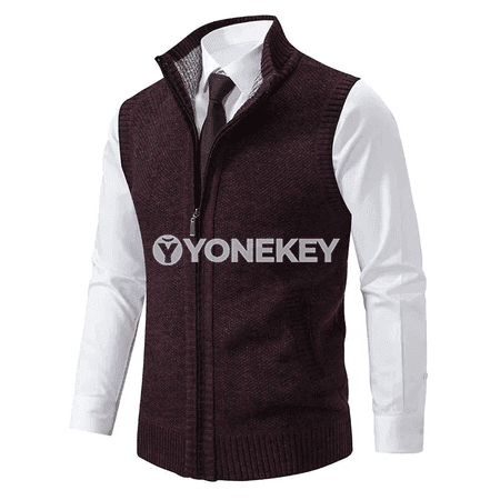 Erkekler üçin örülen ýeňsiz ýyly köýnekçe, fermuarly, goýy boýunly