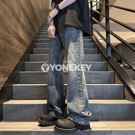 Erkekler üçin giň kesimli klasik jeans balak, tomus güýz üçin