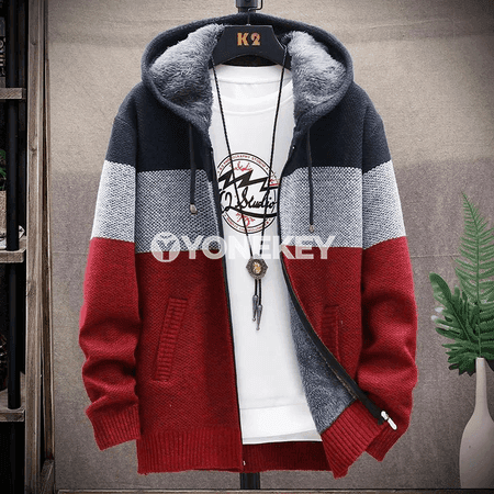 Erkekler üçin güýz-gyş ýyly trikotaž kardigan jaket, fermuarly