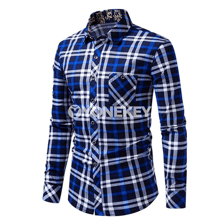 Erkekler üçin ýazlyk plaid köýnek, uzyn ýeňli, düwme, rahat stil