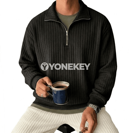 Erkekler üçin zolakly fermuarly polo ýaka sweatshirt
