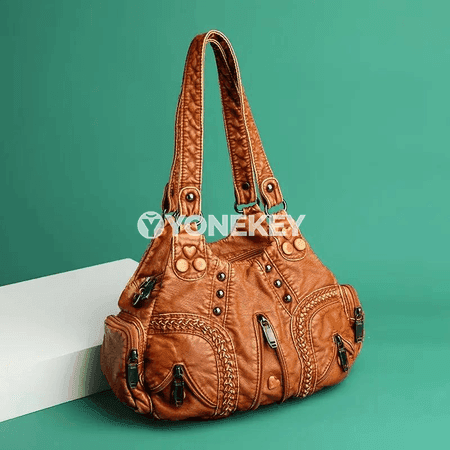 Zenanlar üçin retro PU deri egin sumkasy, giň jüplü bezegli model