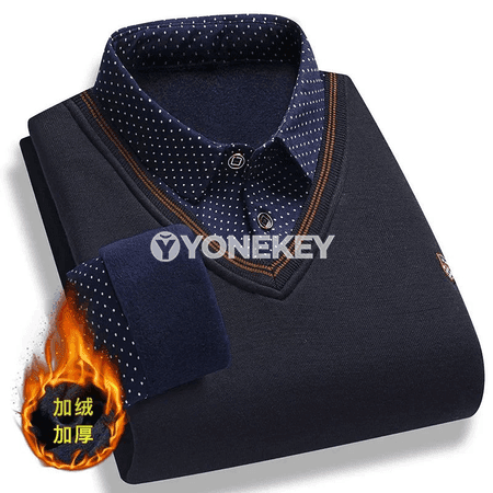 Erkekler üçin ýyly fleece trikotaž polo, uzyn ýeňli, gyşky rahat üst geýimi