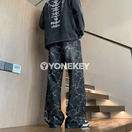 Erkekler üçin retro giň jeans, düz nogry kesimli, rahat stil