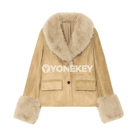 Zenanlar üçin khaki ýyly jaket, ýazly boýunly, düwmeli