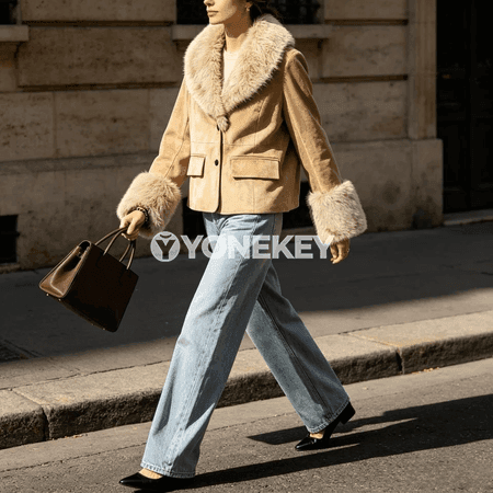 Zenanlar üçin khaki ýyly jaket, ýazly boýunly, düwmeli
