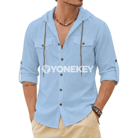 Erkekler üçin ýeňil uzyn ýeňli linenli hoodie köýnek