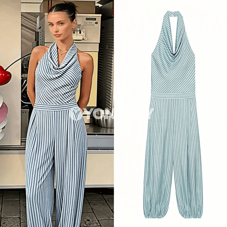 Zenanlar üçin zolakly halter boýunly jumpsuit, tomusky