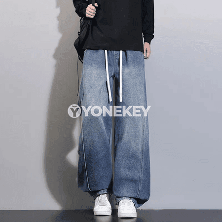 Erkekler üçin giň gönü denim jalbar, möwsümleýin rahat model