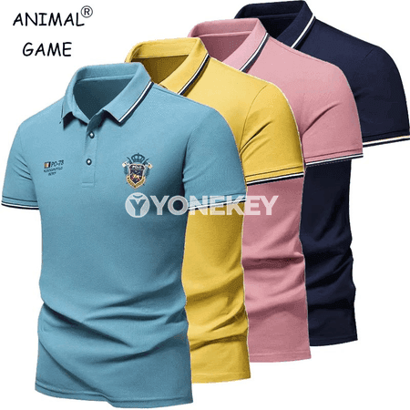 Erkekler üçin ýeňil ýeňli nagyşly polo futbolka, tomsuň üçin
