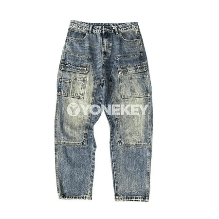 Erkekler üçin giň kelleli retro jeans, göni kesim, şäher stili