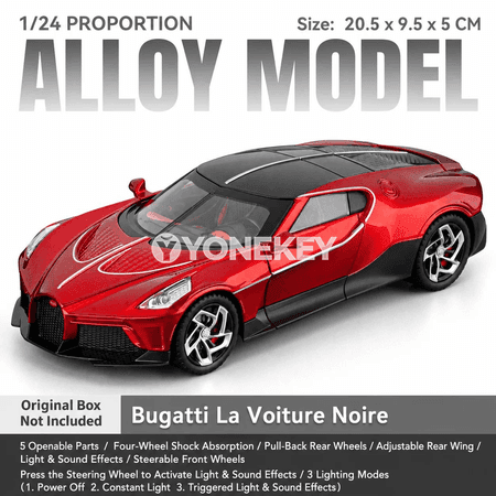 Bugatti La Voiture Noire 1:24 sesli-ýagty metal oýun awtoulagy
