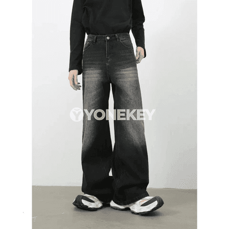 Erkekler üçin giň görnüşli vintaj denim jinsiler, göni kesim