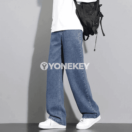 Erkekler üçin giň balakly klassiki denim jeans, gök we gara